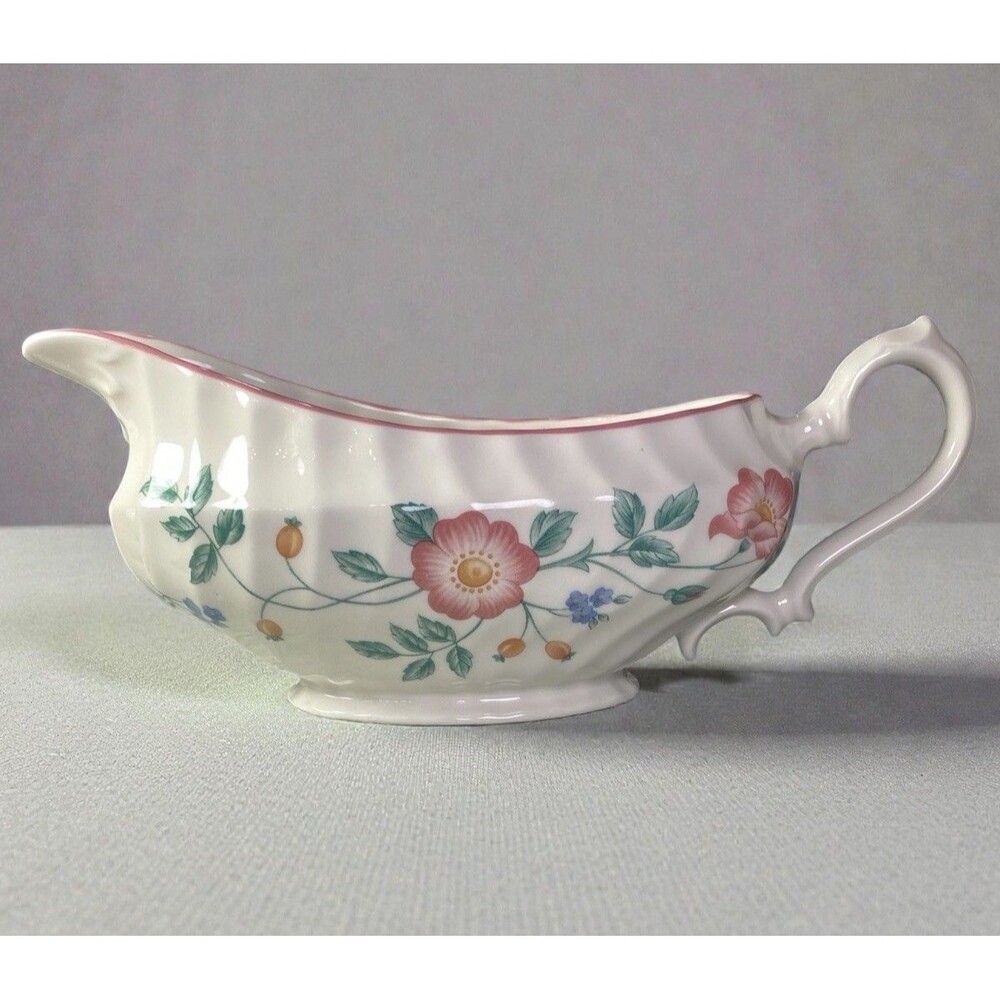 Vintage Churchill Briar Rose Gravy Boat Staffordshire England Pink Floral 9”